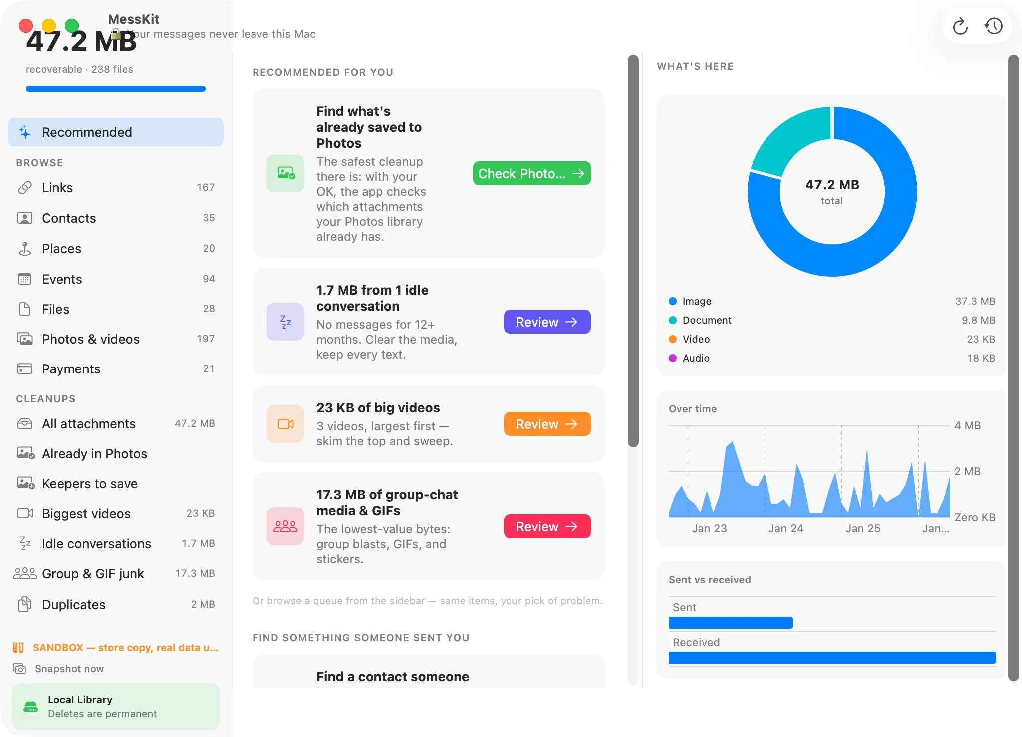 MessKit’s Recommended feed: smart queues ranked by how much space each one can safely free