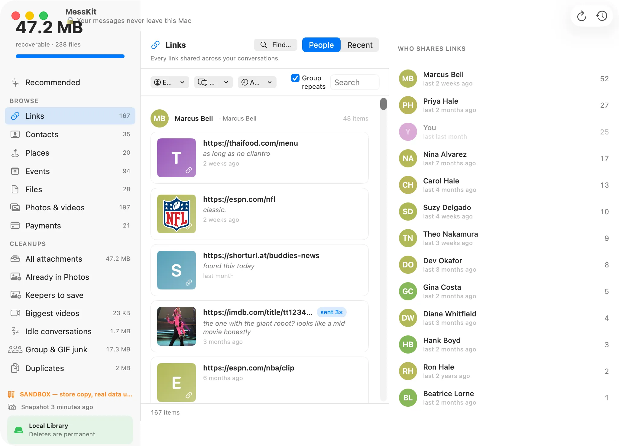 The MessKit Library showing every link ever shared, grouped by person