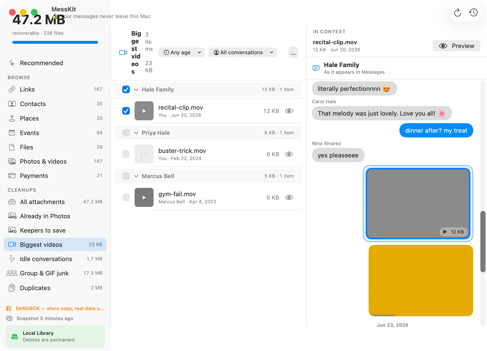 MessKit shows each selected attachment in its conversation, exactly as it appears in Messages