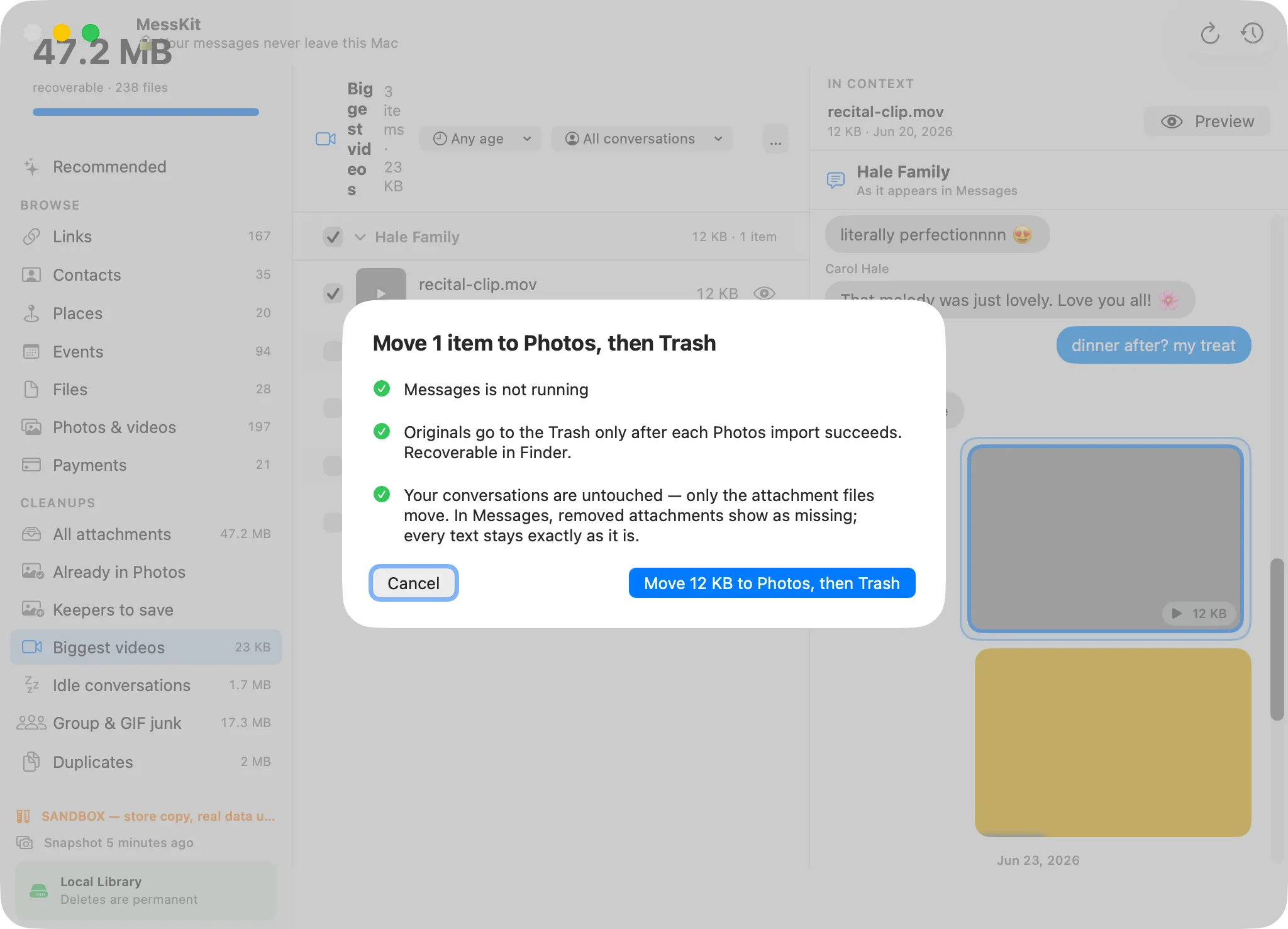 MessKit’s confirmation sheet spells out exactly what will happen before anything moves