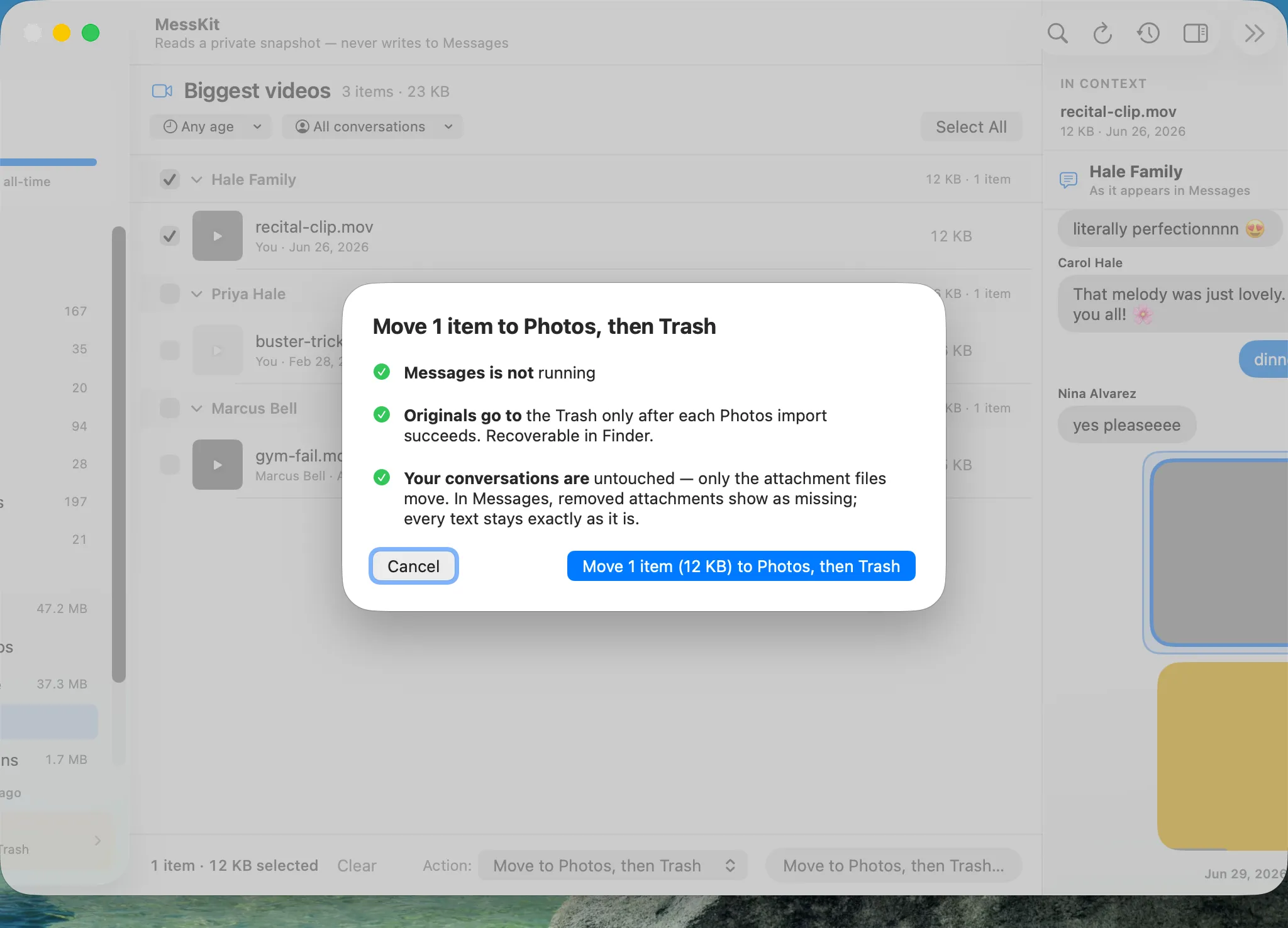 MessKit’s confirmation sheet: Messages is not running; originals go to the Trash only after each Photos import succeeds; conversations are untouched