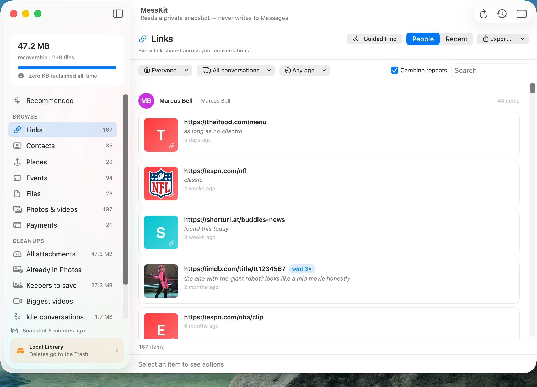 The MessKit Library showing every link ever shared, grouped by person, with filters and search