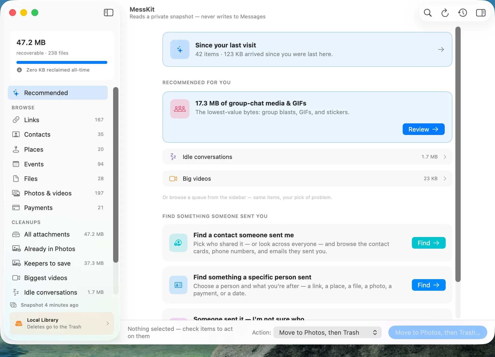 MessKit’s home screen: recommended cleanups ranked by size, and Find flows for links, contacts, and more