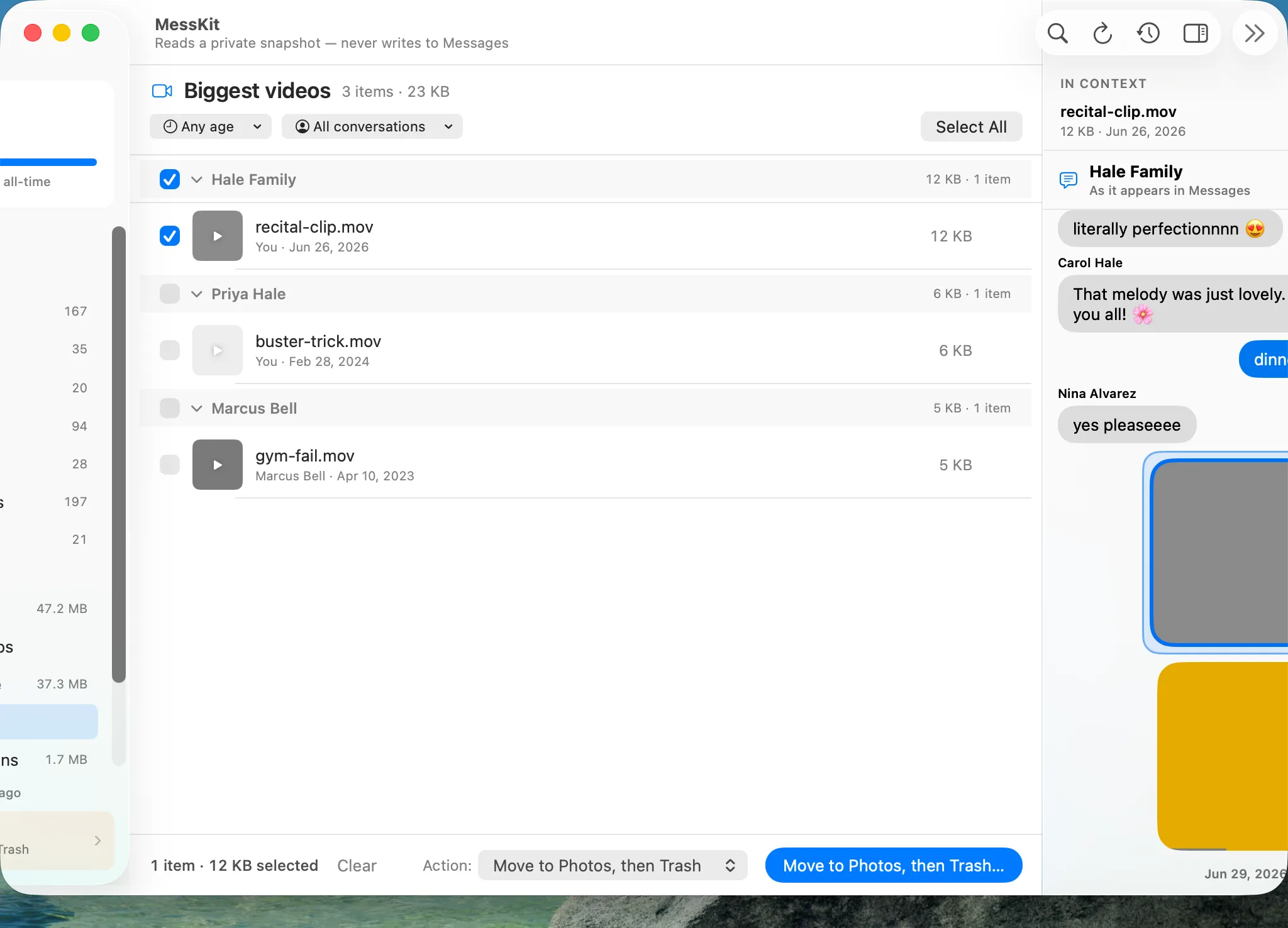 Selecting a video to clean up, with the conversation it came from shown alongside, exactly as it appears in Messages